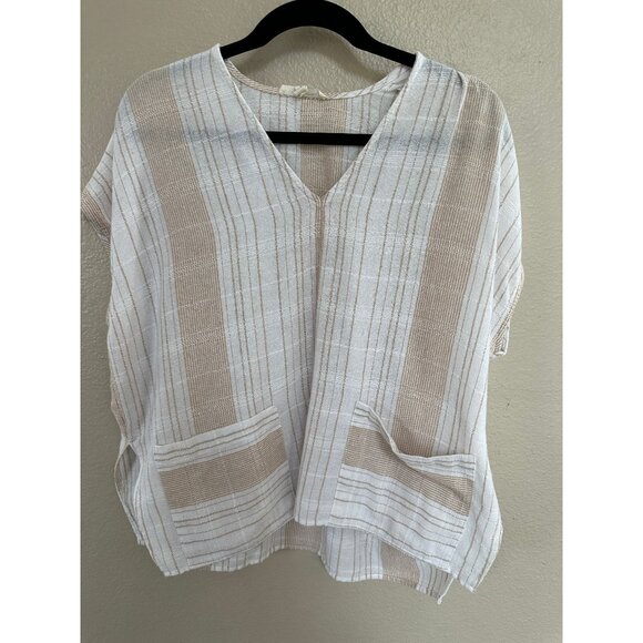 SOLD Grade & Gather womens white tan Blouse small short sleeve cotton po - Picture 2 of 9